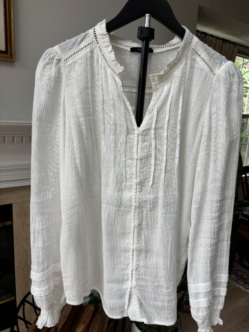 Quince 100% Organic Cotton Swiss Dot Lace Pintuck Ruffle Blouse